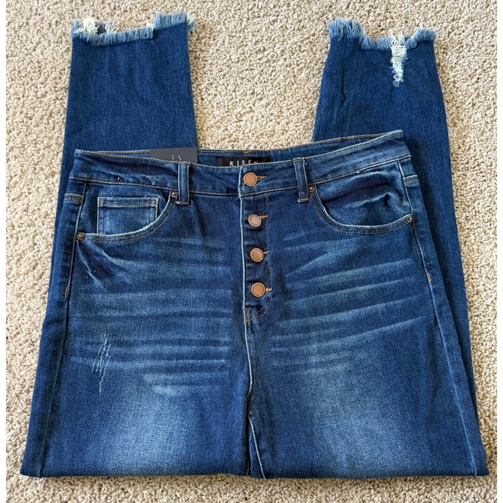 Risen Los Angeles Button Fly Raw Hem Skinny Jeans Medium Wash Size 32/15 NWT